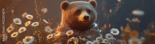 A bear surrounded by flowers in a tranquil natural setting.