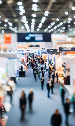 Blur, defocused background of public exhibition hall. Business tradeshow, job fair, or stock market. Organization or company event, commercial trading, or shopping mall marketing advertisement concept