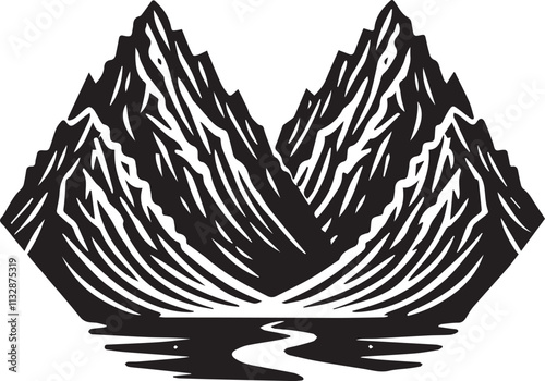 Twin mountain peaks with a narrow valley in between vector silhouette