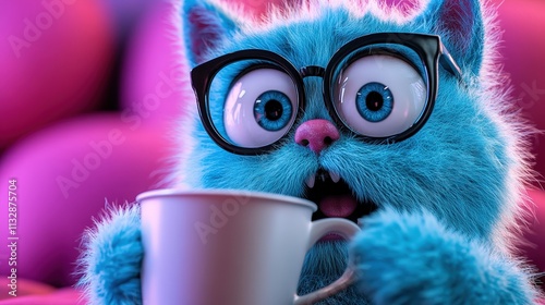 This delightful image portrays a fluffy blue cat wearing glasses, joyfully holding a mug, evoking feelings of happiness and playfulness with its charming expression. photo