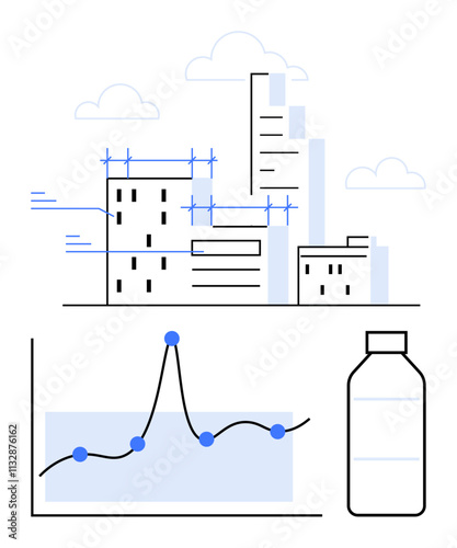Cityscape with buildings fluctuating line graph, water bottle. Ideal for sustainability, architecture, urban planning, data analysis, eco-friendly, innovation. Line metaphor