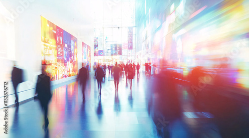 Blur, defocused background of public exhibition hall. Business tradeshow, job fair, or stock market. Organization or company event, commercial trading, or shopping mall marketing advertisement concept photo