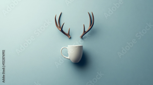 A white mug is placed on a blue background with antlers arranged above, resembling a deer's head. Concept of creativity and humor. For advertising quirky decor. photo