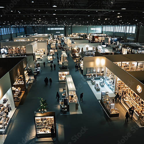 Blur, defocused background of public exhibition hall. Business tradeshow, job fair, or stock market. Organization or company event, commercial trading, or shopping mall marketing advertisement concept