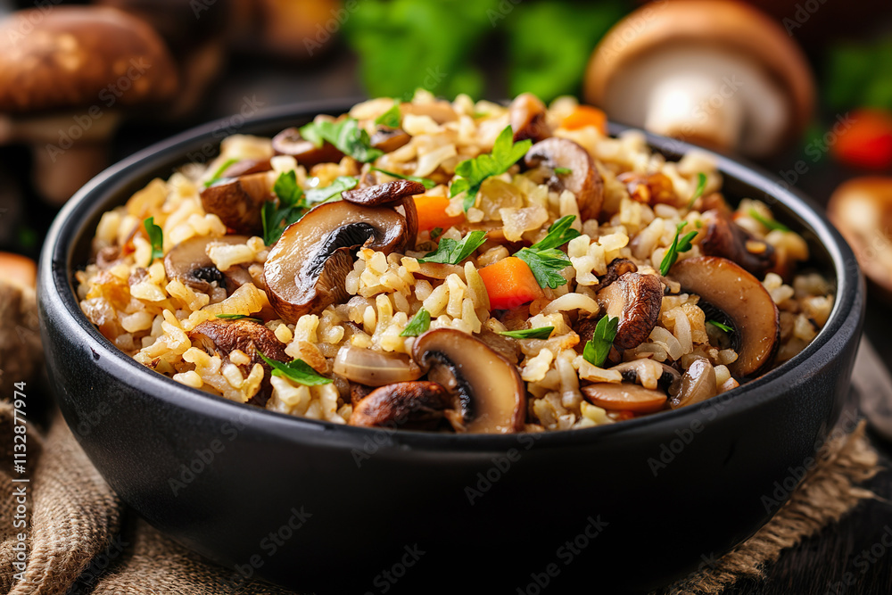 Fototapeta premium wild mushroom pilaf served on rustic wooden table, comforting meal