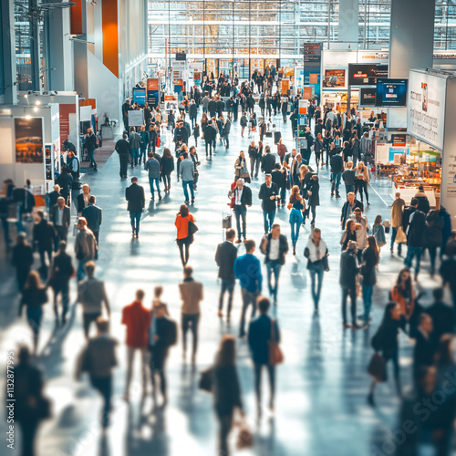 Blur, defocused background of public exhibition hall. Business tradeshow, job fair, or stock market. Organization or company event, commercial trading, or shopping mall marketing advertisement concept
