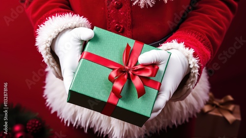 Festive hands holding a beautifully wrapped green Christmas gift with a red ribbon showcasing holiday spirit