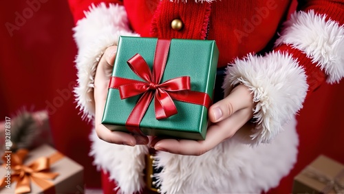 Holiday surprise with a green gift box held by cheerful hands in festive decoration atmosphere