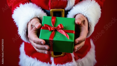 Festive hands present a beautifully wrapped green gift box with a red ribbon during the Christmas season
