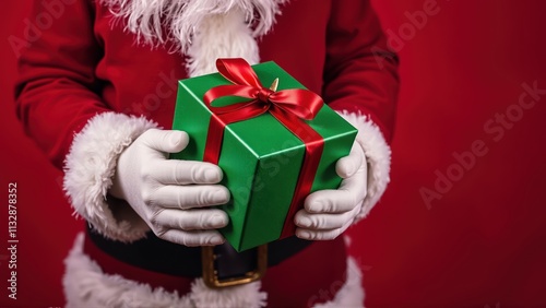 Holidays bring festive joy with a beautifully wrapped green gift held by a cheerful figure in a red costume