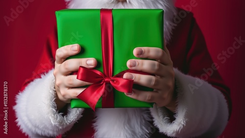 Festive hands present a green ribbon-wrapped Christmas gift in a cheerful holiday atmosphere