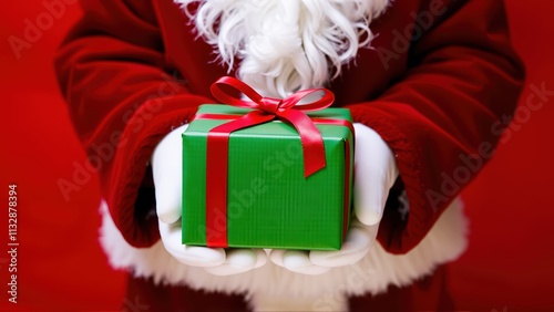 Santa Claus presents a festive green gift box wrapped with a red ribbon during the holiday season