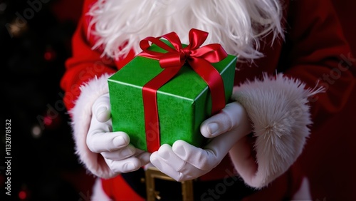 Festive Santa presents a surprise gift in a cozy holiday setting during the winter celebration