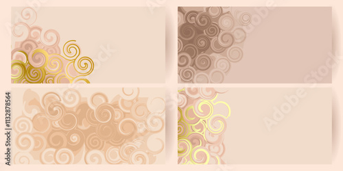 Nude tan fluid swirl horizontal background set with golden elements to create a trendy cover. Beige texture for web design.