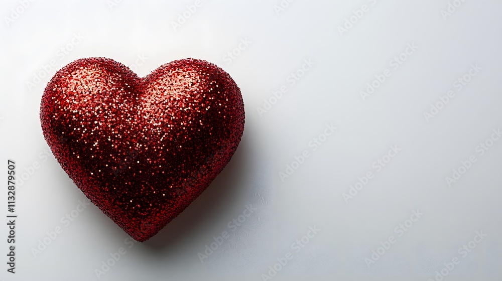 Fototapeta premium Valentine's themed photograph featuring three-dimensional red glitter&nbsp;heart against clean white background, showcasing shimmering texture and romantic&nbsp;symbolism.