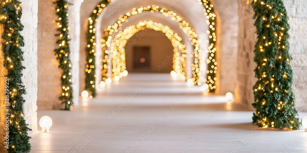 Fototapeta premium Elegant Christmas city archway adorned with green and gold garlands and illuminated by warm lights