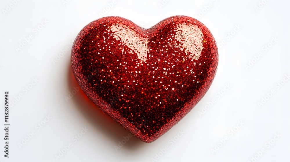 Fototapeta premium Valentine's themed photograph featuring three-dimensional red glitter&nbsp;heart against clean white background, showcasing shimmering texture and romantic&nbsp;symbolism.
