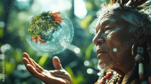 A wise elder dressed in intricate adornments holds up a floating, transparent sphere containing earth elements, highlighting harmony with nature and spiritual insight. photo