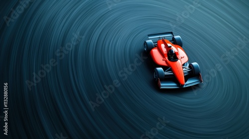 A vibrant red race car spins in a circular motion, creating dynamic tire marks on an asphalt surface. photo