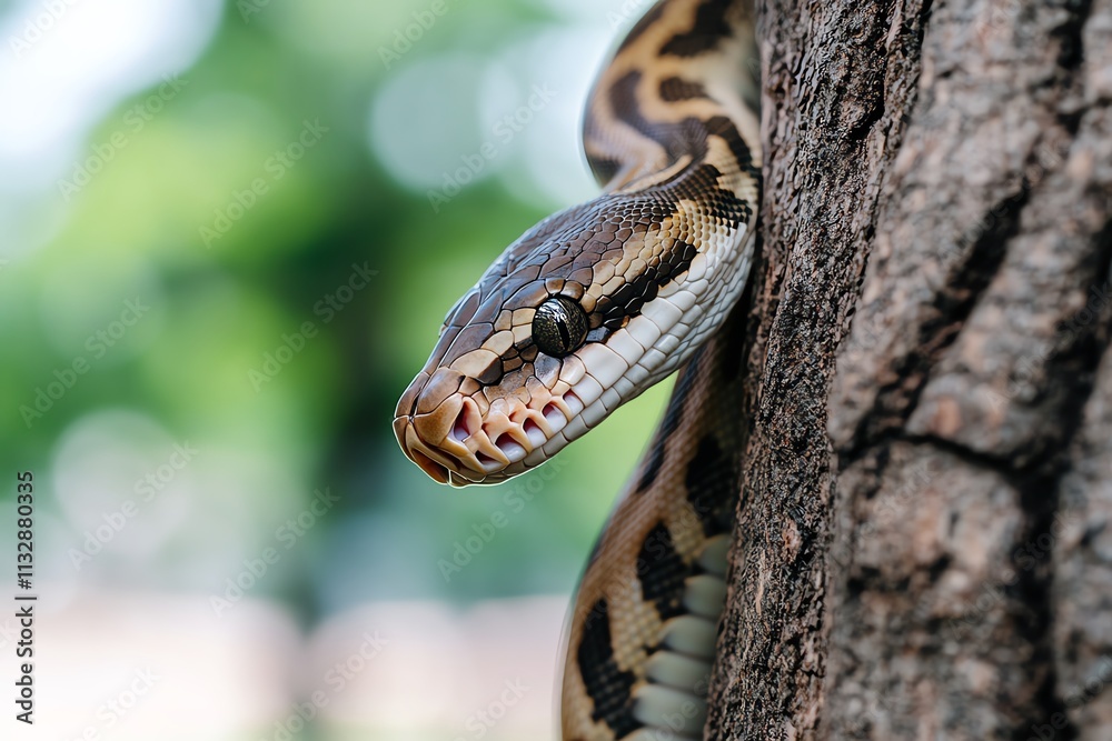 Obraz premium Python snake on tree trunk closeup