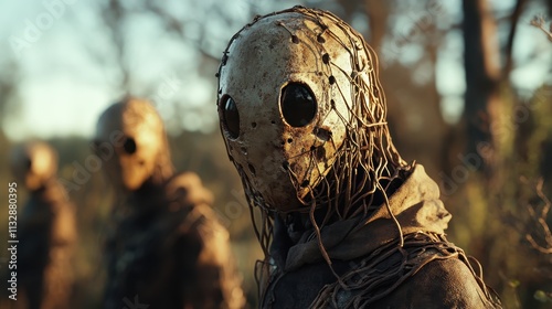 Three masked figures with intricate headpieces stand silently in a wooded field at sunset, creating a dramatic juxtaposition of secrecy and natural beauty. photo