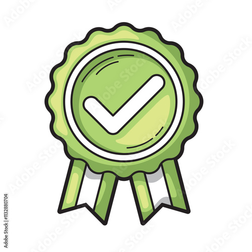 Green checkmark badge with ribbons signifies approval; ideal for certification websites, product packages, presentation slides, and blog graphics
