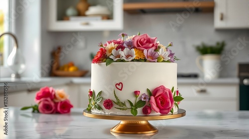 A cake covered in smooth white icing, adorned with colorful flowers and a red heart, set in a bright kitchen with a marble countertop.