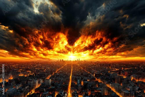 A burning city with twisted creatures prowling the streets and dark clouds looming overhead photo