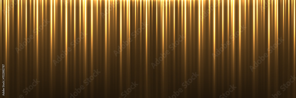 Golden silk fabric luxury background. Gold vertical draped satin cloth texture curtain. Smooth shiny drape material curtain. Realistic modern vector banner