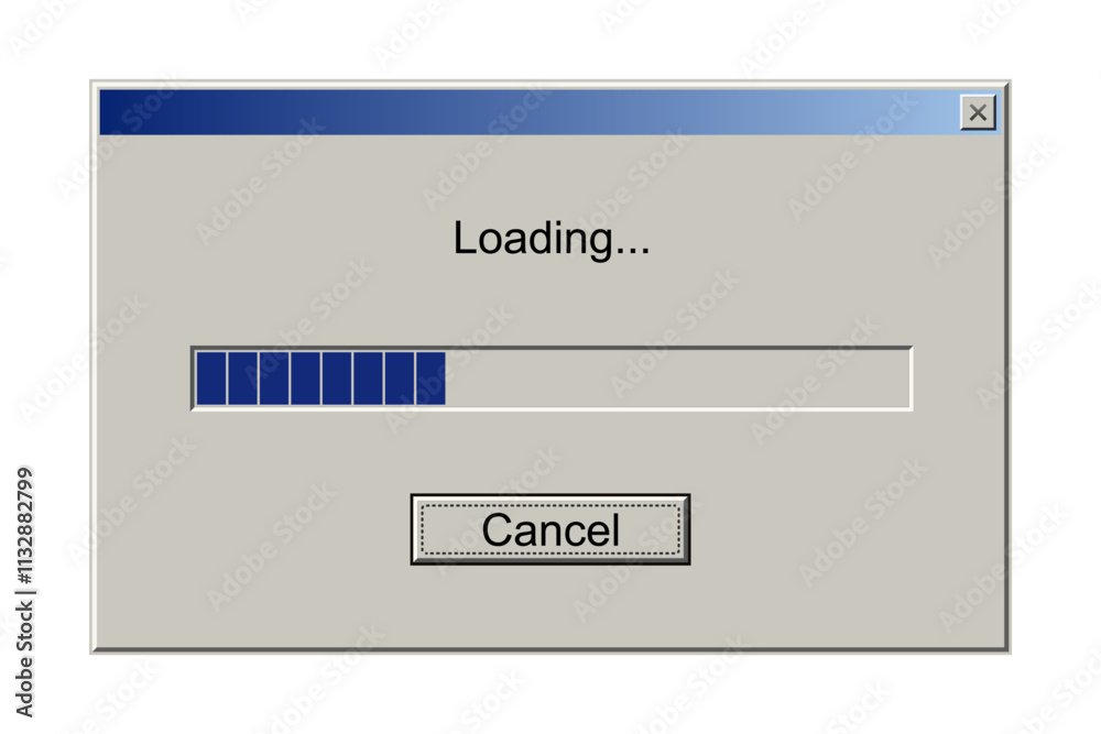 Retro interface window with download bar. Alert window on computer monitor with loading message vector illustration. Classic style of upload progress in old system user interface with button cancel