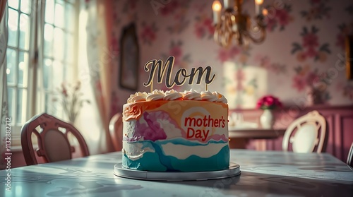 A beautifully decorated cake with colorful icing, "Mom" topper, and "Mother's Day" inscription, set in a cozy room with floral wallpaper and natural light.