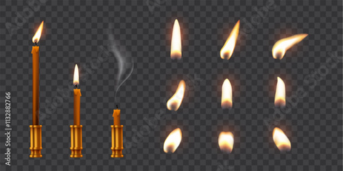 Candle flames. Candlelight fires vector illustration set. Realistic flame light on wick of candlestick, small romantic glow flare in night, collection isolated on transparent background