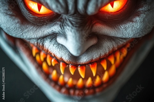 A close-up of an evil grin on a face partially hidden in shadows, with glowing red eyes piercing the darkness photo