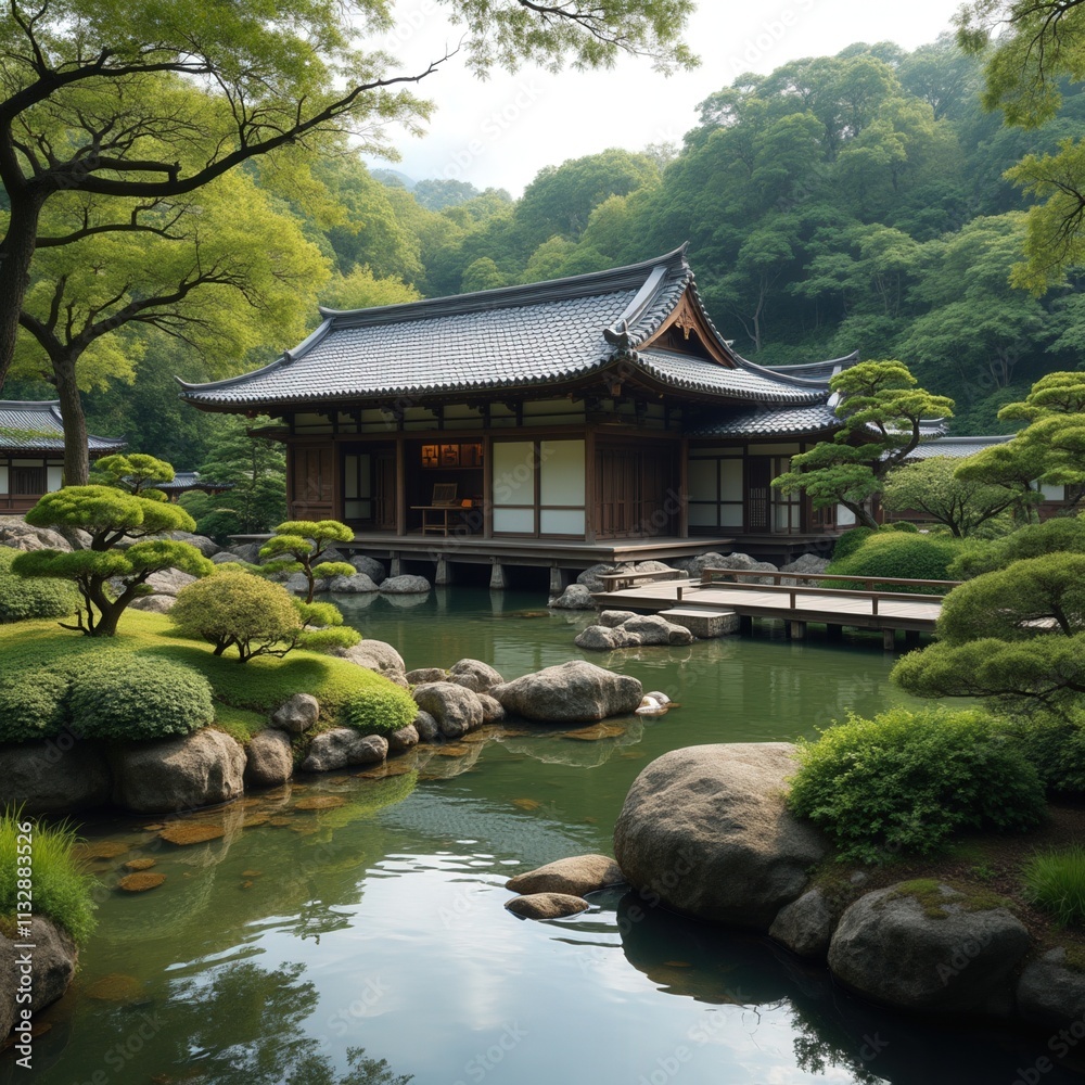Naklejka premium Traditional Japanese Garden with Pond