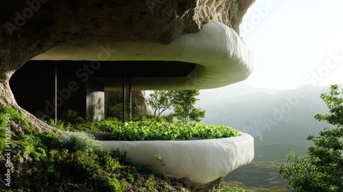 An eco-friendly terrace embedded in rock offers a stunning view of sprawling landscapes, blending sustainability and elegance in a natural architectural marvel. photo