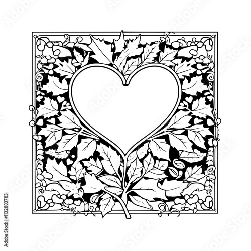 A black and white drawing of a heart-shaped frame surrounded by intricate floral and leaf designs