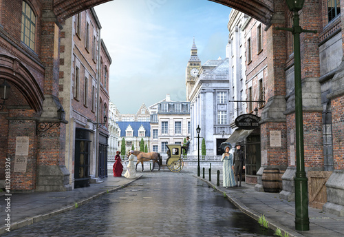 A beautiful street scene in Victorian era London of the 19th century