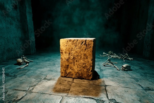 A cursed artifact glowing faintly on a pedestal, surrounded by skeletal remains and faded runes