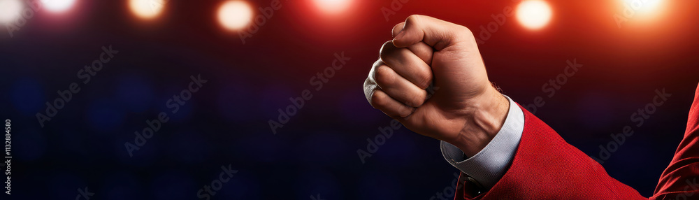 Fototapeta premium confident businessperson raises fist on stage, showcasing determination and strength