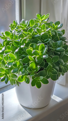 Petite jade plant on a white windowsill