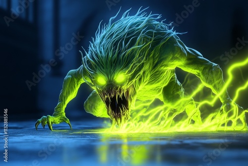 A detailed 3D illustration of a shadowy monster emerging from a glowing, cursed relic in a dark chamber photo