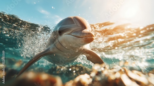 A playful dolphin dives through sunlit ocean waters with grace, showcasing its sleek form and agile movement. Nature's elegance and marine life in action. photo