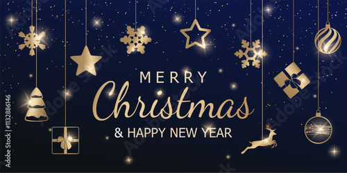 Christmas background. festive vector illustration with gold balls, light, stars and shiny confetti on a luxury dark blue backdrop. holiday vibe for card, banner, greeting, flyer, website header
