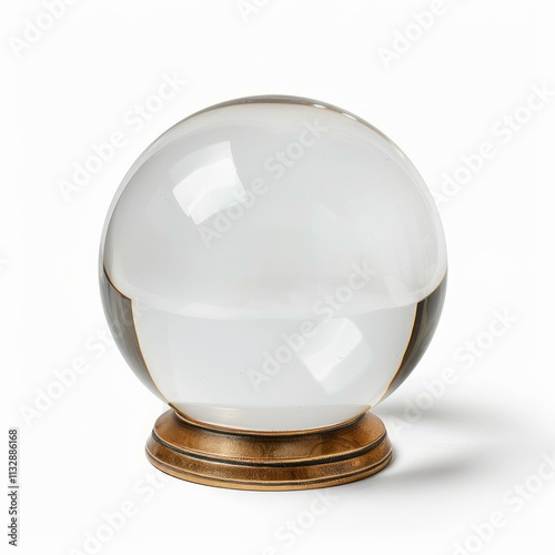Transparent crystal ball on a golden pedestal, representing future, divination, and mystery, isolated on white background