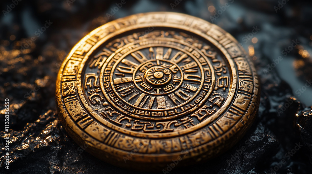 Obraz premium Ancient golden artifact with intricate engravings and symbols on a textured rock surface