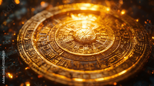 Wallpaper Mural Glowing ancient golden disc with intricate carvings and symbols surrounded by sparkling effects Torontodigital.ca