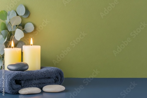 A eucalyptus branch lying on a spa towel, accompanied by candles and smooth stones, symbolizing relaxation photo