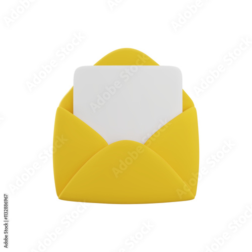 Vector cartoon 3d yellow open envelope with white letter inside. Realistic 3d render new message notification, email sign, newsletter subscription symbol. Cute design element for social media, app.
