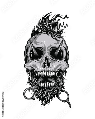 Barbershop logo. Skull with mohawk and scissors in mouth coming out of eyes. Original vector illustration in vintage style. T-shirt design.