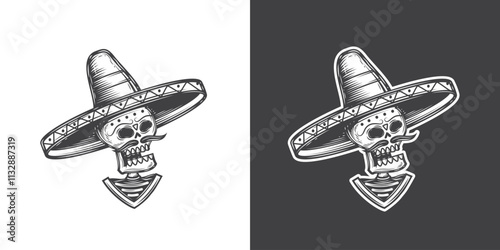 A skeleton with a moustache and a sombrero. Original vector illustration in vintage style. T-shirt design.